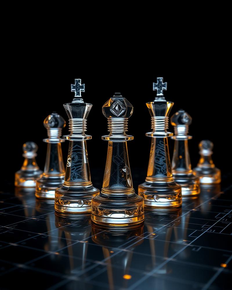 Crystalline chess pieces rendered on a dark digital grid