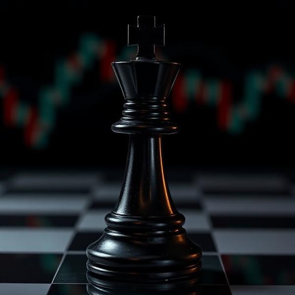 Black marble chess king in front of blurred market charts