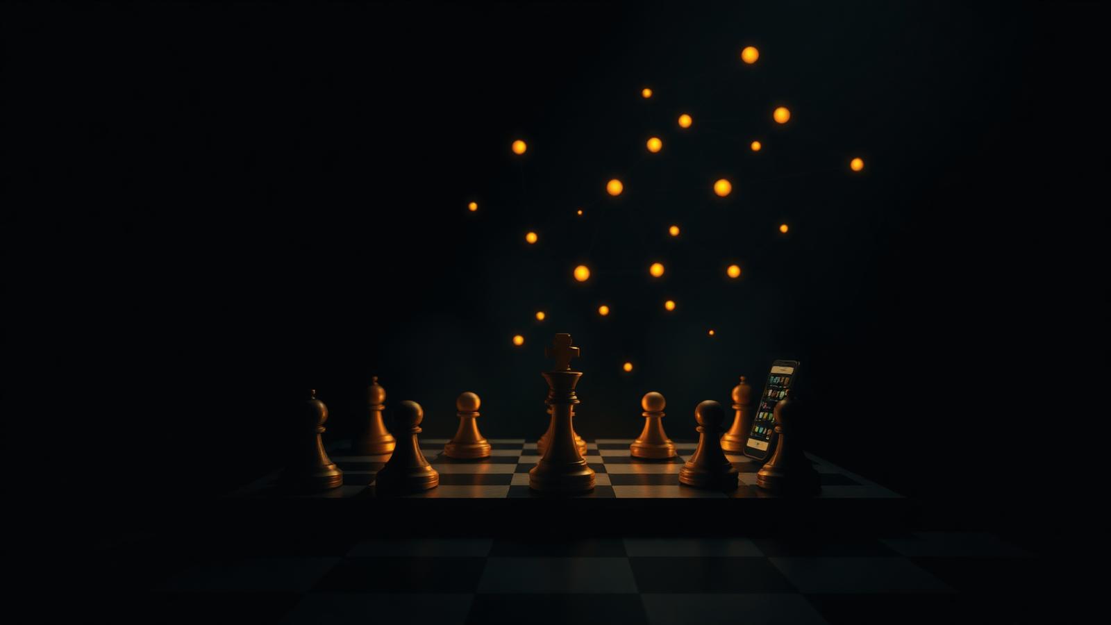 Chess pieces on a dark board beneath a glowing network of golden nodes and a phone